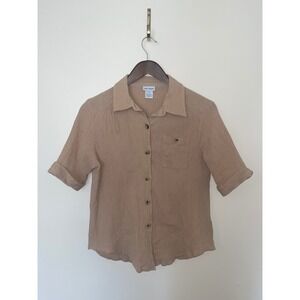 Vicki Wayne Vintage Tan 100% Cotton Button Down Short Sleeve Shirt 90s Y2K | MED